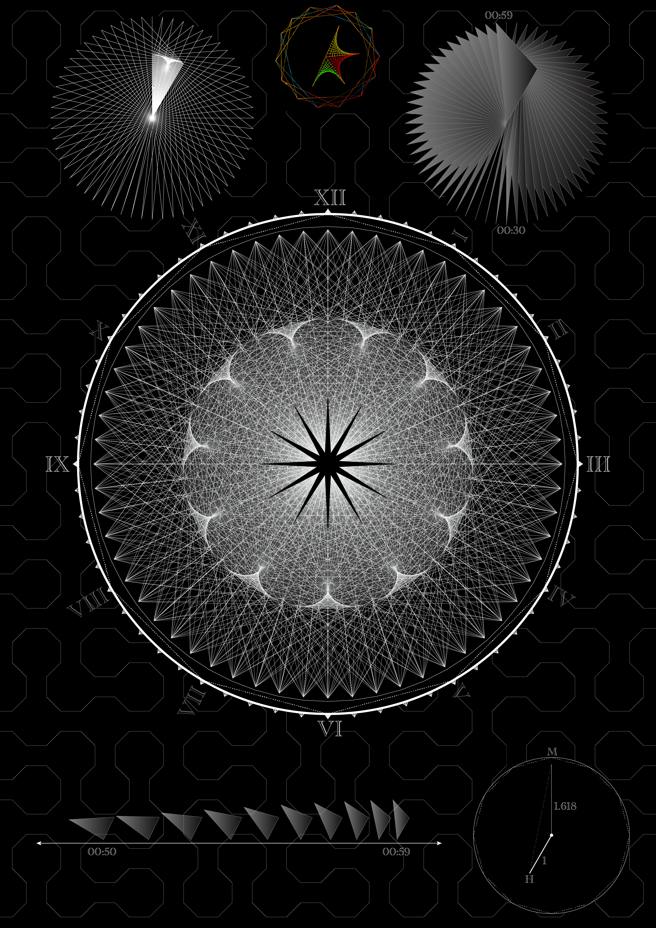 Poster showing an abstract clock composed of overlapping triangles